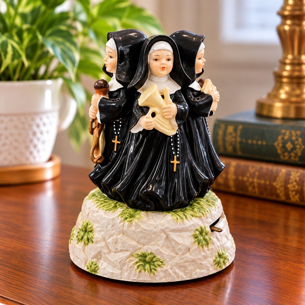 Singing Nuns Music Box Made in Japan Working Porcelain Religious Figurine